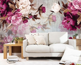 Big Flowers Wallpaper Mural , Unique Floral Wall Mural Modern Home Decor For Living Room Bedroom, Maximalist Dark Botanical Wallpaper