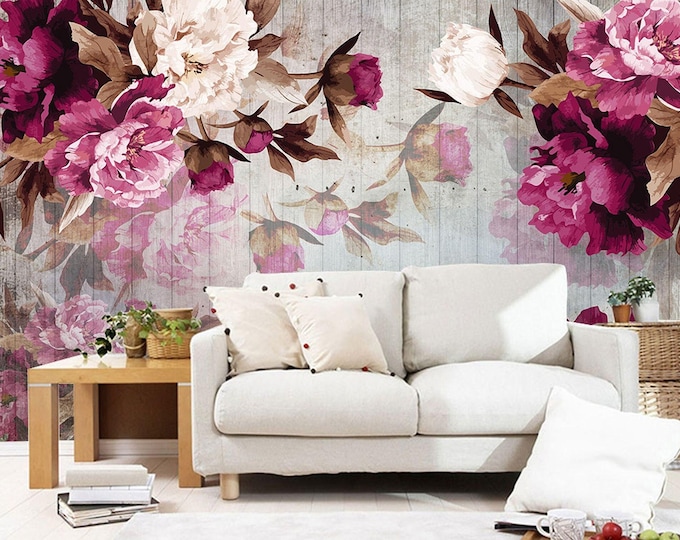 Big Flowers Wallpaper Mural , Unique Floral Wall Mural Modern Home Decor For Living Room Bedroom, Maximalist Dark Botanical Wallpaper