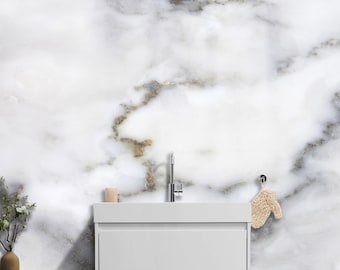 White Marble Wall Mural with Subtle Gold Veins – Elegant Modern Stone Effect Wallpaper for Living Room or Interior Accent Walls