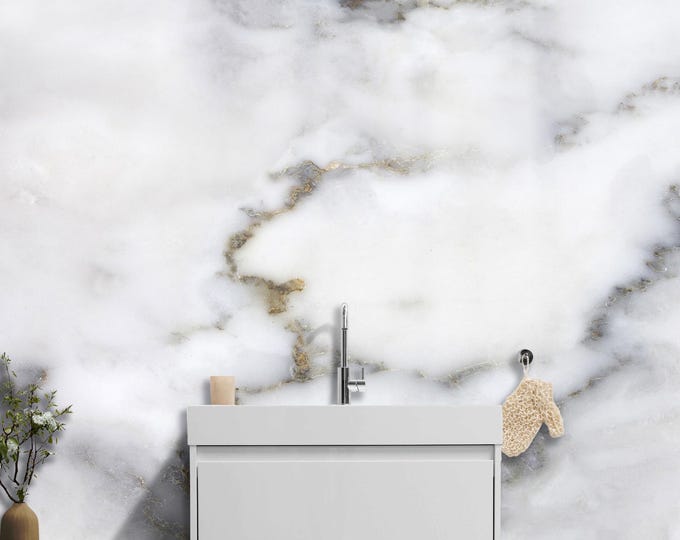 White Marble Wall Mural with Subtle Gold Veins – Elegant Modern Stone Effect Wallpaper for Living Room or Interior Accent Walls