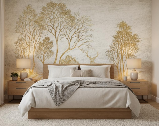 Golden Forest Wall Mural with Deer Elegant Line Art Tree and Stag Design on Beige Backdrop, Nature Themed Accent Wall Decor- Peel and Stick