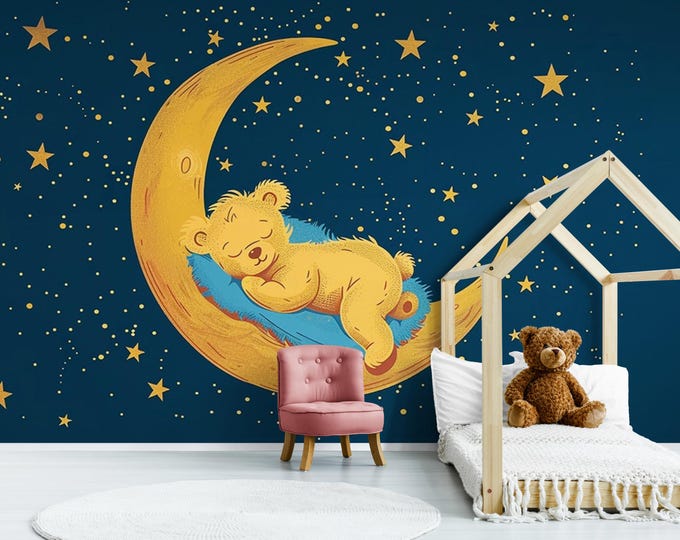 Sleeping Bear Moon Wallpaper for Kids Room – Peel and Stick Navy Blue Night Sky Wall Mural – Nursery Wall Art Baby Boy or Girl Bedroom Décor