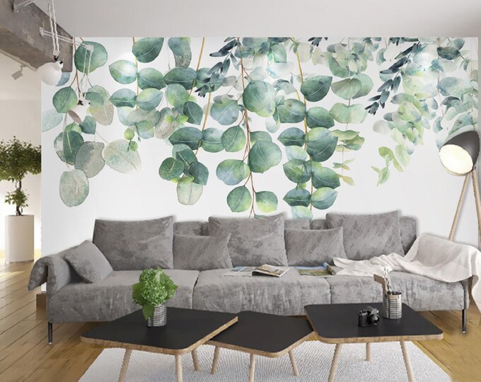 Floral Wallpaper Wall Mural, Unique Design Tropical, Watercolor Green Big Leaves Mural For Living Room Bedrom, Botanical Flowers Wallpaper