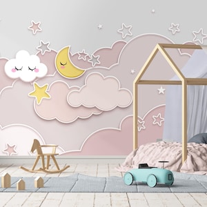 Custom Size Pink Starry Cloud Children&#39;s Room Wallpaper, Peel and Stick Nursery or Kids Room Wallpaper, Self Adhesive Girl Room Wall Mural,