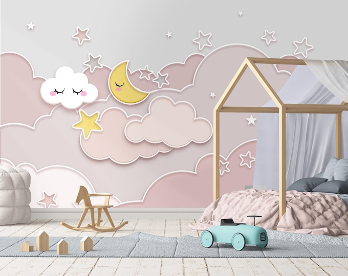 Custom Size Pink Starry Cloud Children's Room Wallpaper, Peel and Stick Nursery or Kids Room Wallpaper, Self Adhesive Girl Room Wall Mural,