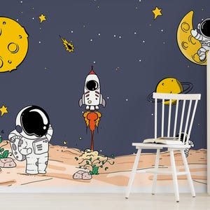 Kids Planets with Astronaut Wallpaper, Peel and Stick or Traditional Wall Mural, Kids Space and Moon Wall Mural, Nursery Cartoon Wallpaper