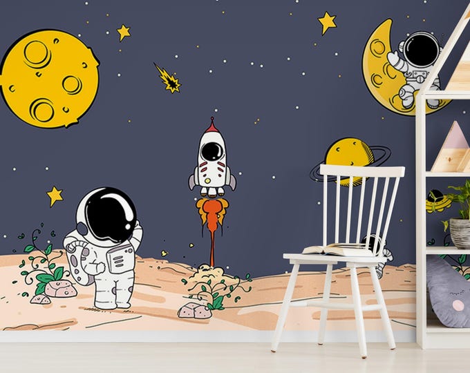 Kids Planets with Astronaut Wallpaper, Peel and Stick or Traditional Wall Mural, Kids Space and Moon Wall Mural, Nursery Cartoon Wallpaper