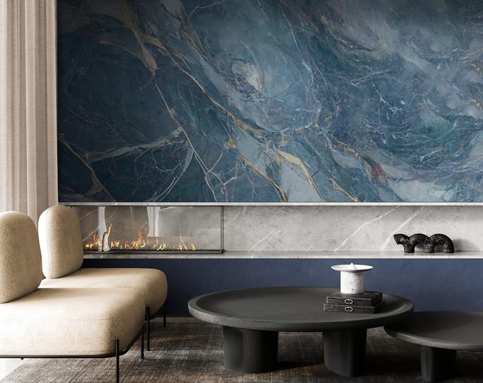 Marble Texture Wallpaper, Blue & Gold, Peel and Stick, Self Adhesive, Living Room, Marble Wall Mural, Luxury Wallpaper