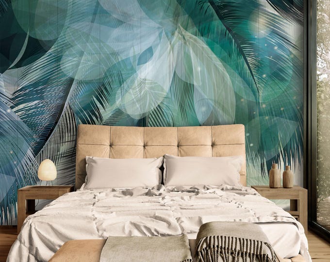 Tropical Green Feather Wallpaper Mural – Abstract Palm Leaf Pattern for Bathroom or Spa Wall – Modern Jungle Nature Wall Décor Gift