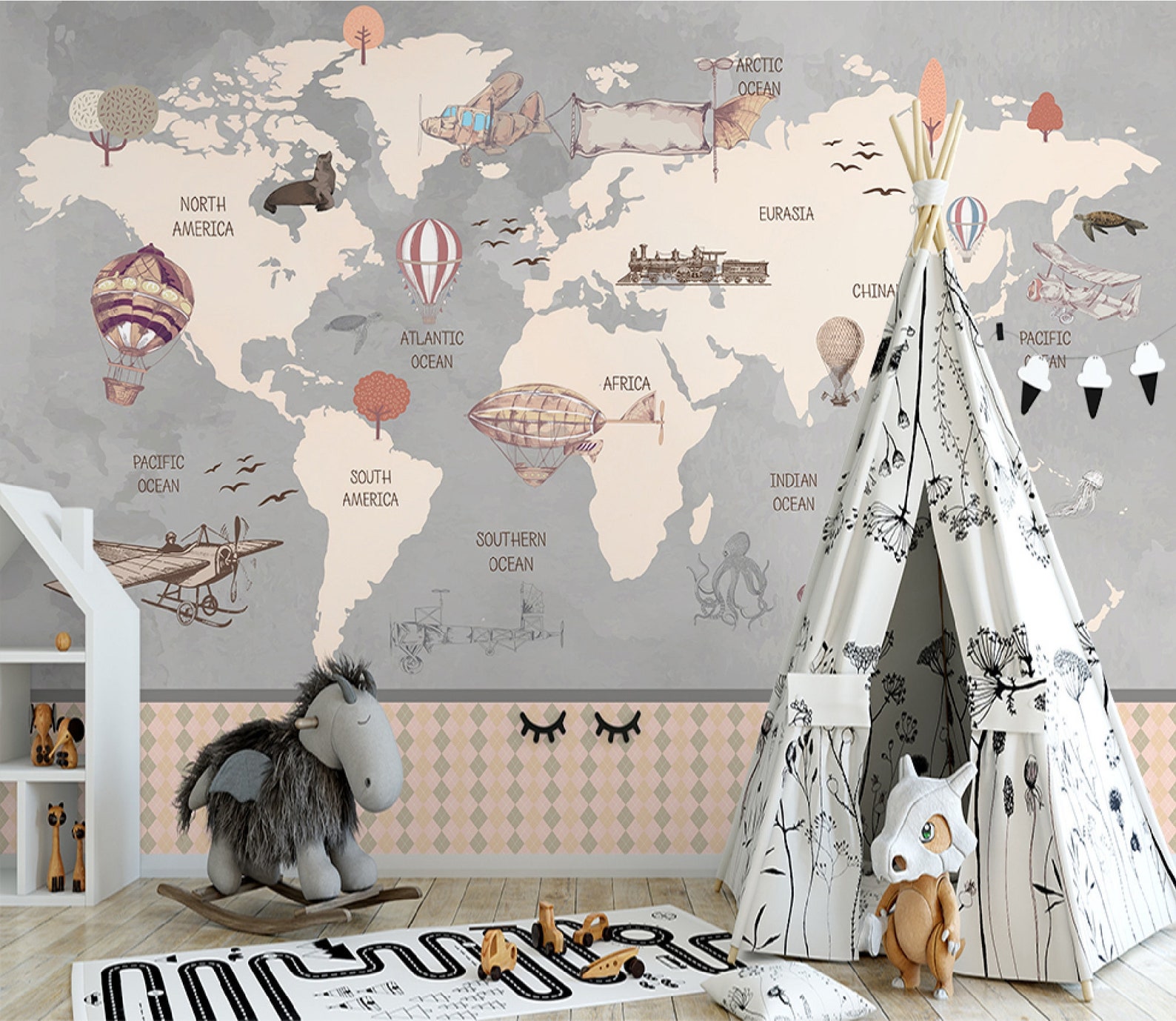 Kids World Map Wall Mural Children Room Removable Wallpaper - Etsy