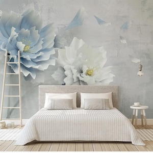 Large Floral Wallpaper Wall Mural, Blue Peony Flower Wall Mural for Beautiful Living Room and Bedroom Wallpaper, Big Blossom Wallpaper