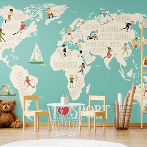 Child Room World Map Wallpaper Wall Mural, Sports and Map Kids Room Wall Art, Colorful Nursery Peel and Stick or Traditional Wallpaper