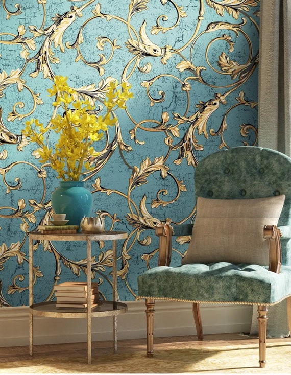 Blue and Gold Luxurious Art Deco Wallpaper, Classic Wall Mural