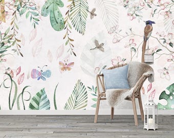 Tropical  Child Room Wallpaper Birds and Butterfly Wall Mural , Nursery Floral Room Wall Mural, Customized Background Color