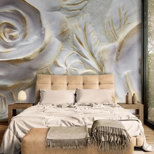 3D Rose Flower Wall Mural, Elegant White Gold Floral Wallpaper, Textured Peel and Stick Wall Art for Bedroom, Bathroom or Dining Room