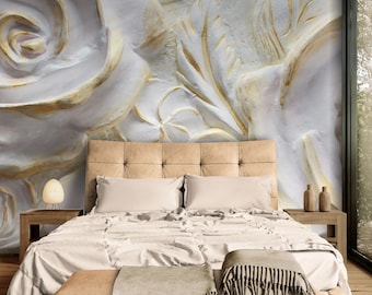 3D-muurschildering met rozenbloem, elegant witgouden bloemenbehang, getextureerde kunst aan de muur voor slaapkamer, badkamer of eetkamer