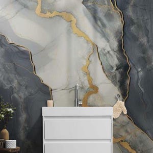 Grey Marble Wallpaper with Gold Veins – Peel And Stick Elegant Abstract Stone Texture Mural for Living Room, Bedroom, Modern Interior Walls