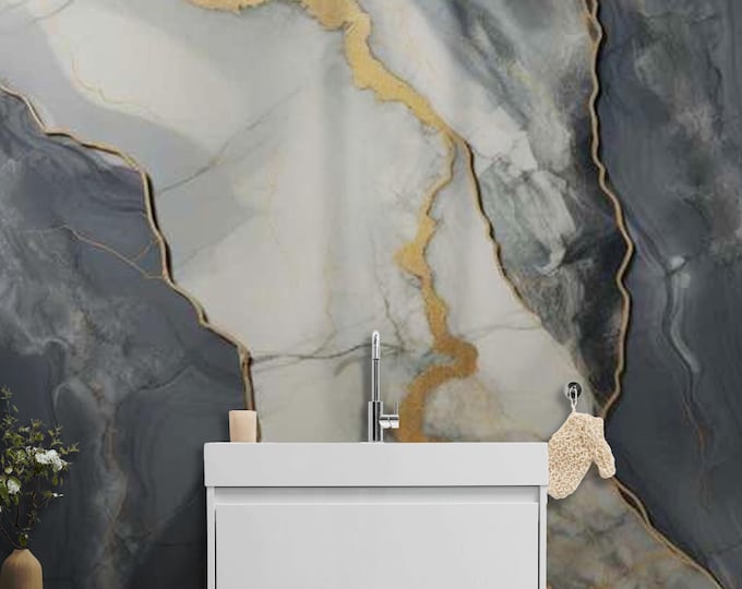 Grey Marble Wallpaper with Gold Veins – Peel And Stick Elegant Abstract Stone Texture Mural for Living Room, Bedroom, Modern Interior Walls
