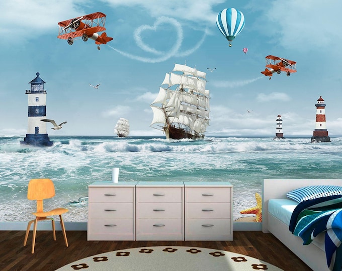Nursery and Child Room Wallpaper Hot Air Balloon Plane Lighthouse and Sailboat Wall Mural Child Room Decoration, Gift for Kids Room