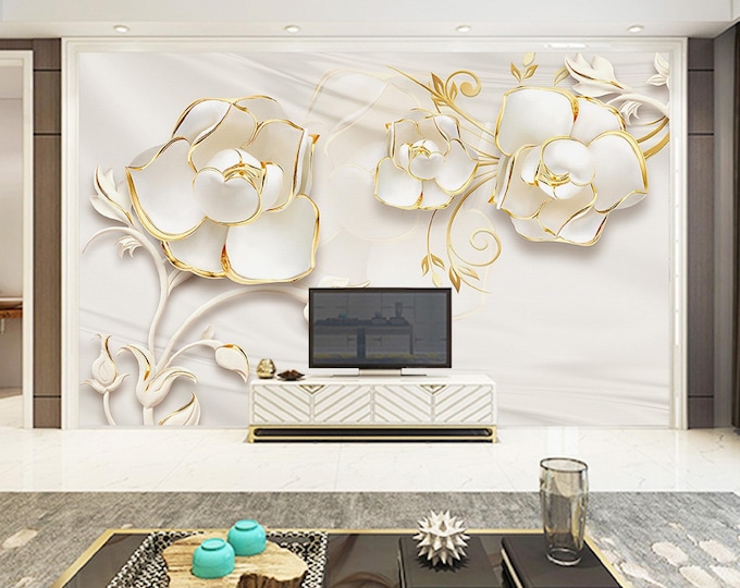 Silk Rose 3D Embossed Wall Mural Inlaid Gold Wallpaper Modern Home Decor For Living Room Bedroom Entryway Cafe (FL95)