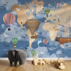 World Map Wall Mural For Kids Room, White Clouds Blue Wallpaper for Baby Room, Air Balloon, Birds, Shark and Seal Wall Decal For Nursery