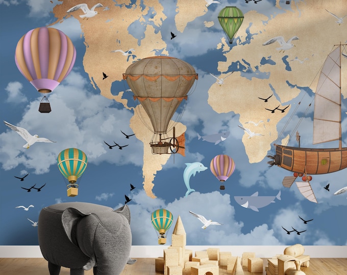 World Map Wall Mural For Kids Room, White Clouds Blue Wallpaper for Baby Room, Air Balloon, Birds, Shark and Seal Wall Decal For Nursery