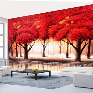 Red Trees Wall Mural Flowers Wallpaper Modern Home Decor for Living ...