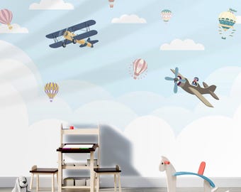 Plane White Clouds and Air Balloons on Blue Sky Peel and Stick Wallpaper Mural for Kids Room, Fun, Dreamy Nursery Wall Decor, Easy to Apply