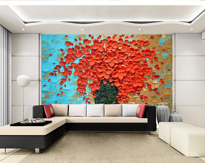 Red Flowers  Wallpaper Floral Wall Mural Modern Home Decor For Living Room Bedroom Entryway Cafe (FL2)