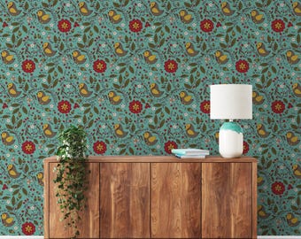 Teal and Orange Damask Tile Wallpaper, Ethnic Style Removable Wall Mural, Peel and Stick Classic Wallpaper for Living Room or Study Decor