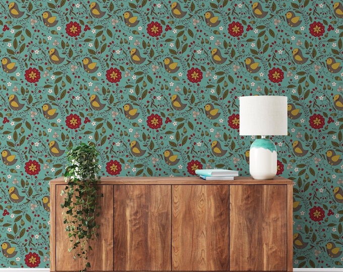 Teal and Orange Damask Tile Wallpaper, Ethnic Style Removable Wall Mural, Peel and Stick Classic Wallpaper for Living Room or Study Decor
