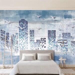 Mural de pared moderno con mosaico urbano: horizonte azul con pájaros, papel tapiz autoadhesivo urbano, vinilo removible para sala de estar u oficina. imagen 5