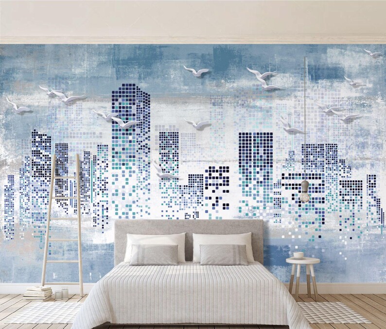 Mural de pared moderno con mosaico urbano: horizonte azul con pájaros, papel tapiz autoadhesivo urbano, vinilo removible para sala de estar u oficina. imagen 5