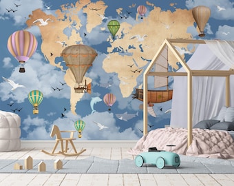 World Map Wallpaper for Kids Room – Colorful Nursery Wall Mural Perfect Child Room Decoration, Educational and Fun Design for Young Explorer