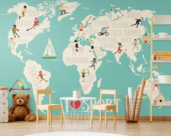Child Room World Map Wallpaper Wall Mural, Sports and Map Kids Room Wall Art, Colorful Nursery Peel and Stick or Traditional Wallpaper