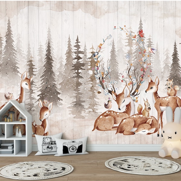 Elk Family Kids Room Wallpaper Forest and Deers Wall Mural, Animal Peel and Stick Wallpaper for Living Room, Bedroom or Nursery Room