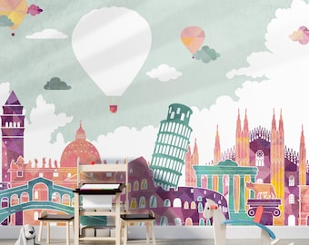 Famous Cities Air Balloon and Clouds Kids Room Wallpaper Wall Mural, Peel and Stick Wall Decal, Nursery Wallpaper, Playroom Mural, Home Gift