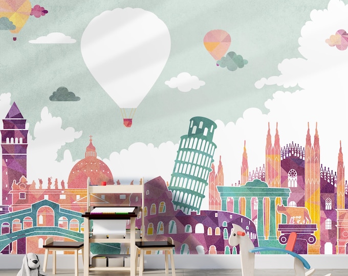 Famous Cities Air Balloon and Clouds Kids Room Wallpaper Wall Mural, Peel and Stick Wall Decal, Nursery Wallpaper, Playroom Mural, Home Gift