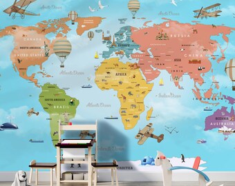 World Map Mural for Kids Room, Blue Pink Teal Child Room Educational Wallpaper, Animal and Famous Places Decor, Peel And Stick