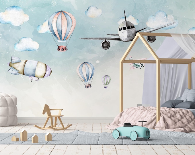 Sky Adventure Wall Mural – Watercolor Airplane and Balloon Wallpaper for Kids Bedroom or Nursery, Blue Whimsical Travel Theme Decor