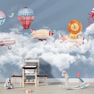 Dreamy Sky Wall Mural – Hot Air Balloon and Airplane Peel and Stick Wallpaper for Kids Room, Deep Blue Cloudscape Nursery Adventure Decor