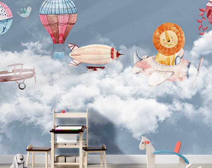 Dreamy Sky Wall Mural – Hot Air Balloon and Airplane Peel and Stick Wallpaper for Kids Room, Deep Blue Cloudscape Nursery Adventure Decor