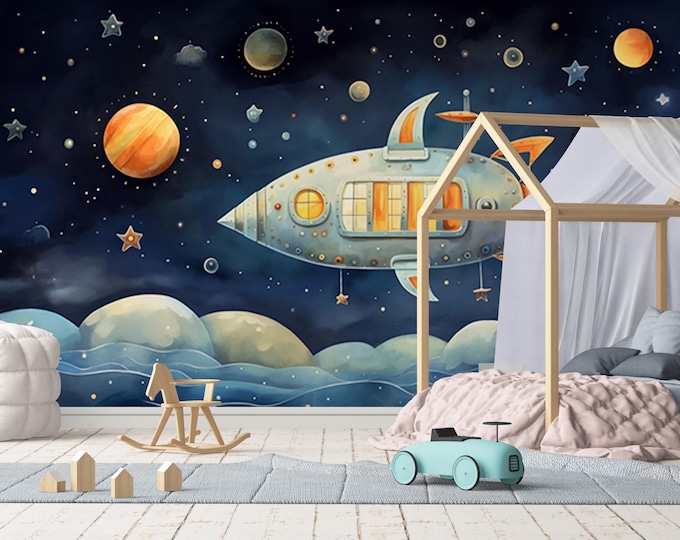 Whimsical Rocket Ship Wallpaper – Space Theme Wall Mural for Kids Room, Galaxy Planets Nursery Decor, Dreamy Starry Sky Art