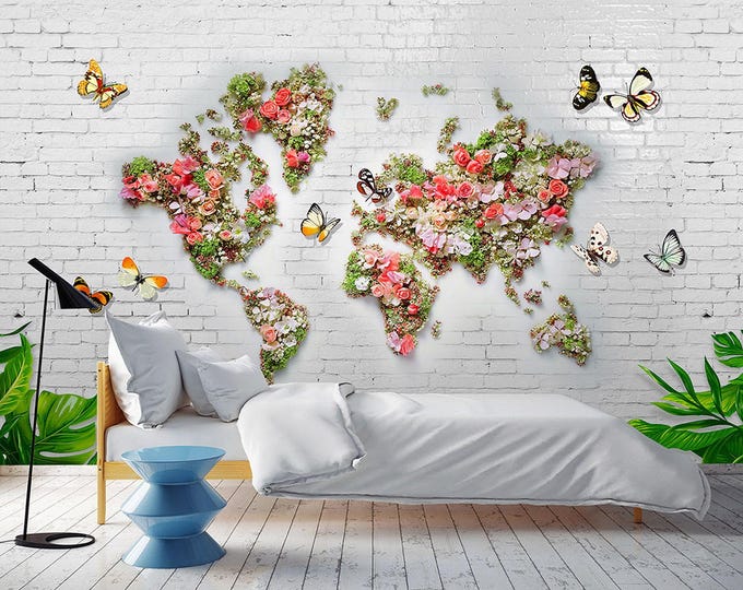 Floral and Butterfly World Map Wallpaper Modern Wall Mural Home Decor For Living Room Bedroom Entryway Cafe (WM47)