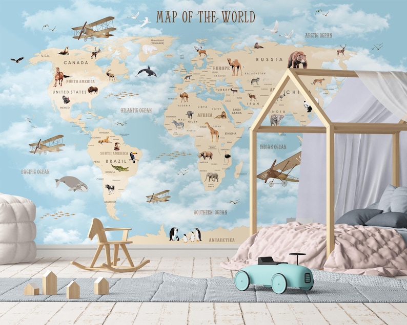 World Map Child Room Wallpaper Nursery Peel and Stick Wall Mural Child ...