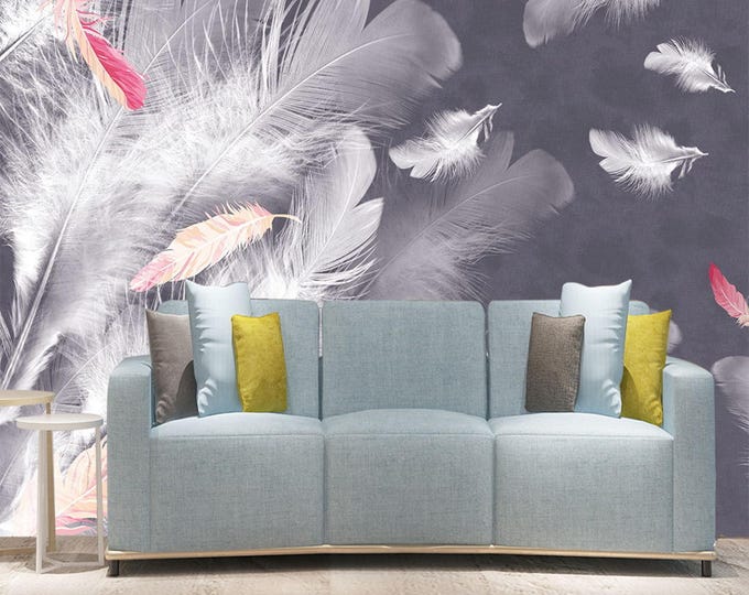 Floral Wallpaper, Flower Wall Mural, Feathers Art Deco Wallpaper, Peel and Stick , Removable Wallpaper