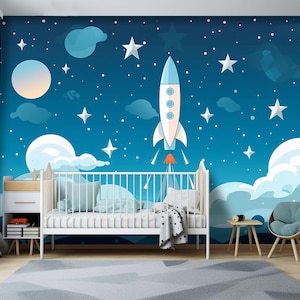 Space Theme Child Room Wallpaper, Planets Nursery Wall Mural, Boy Room Cartoon Colorful Wallpaper with Gray Planet Figures, Rocket and Stars