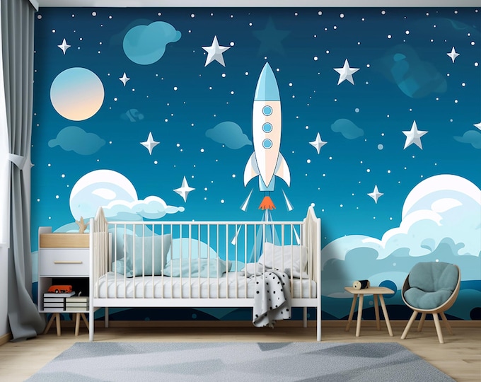Space Theme Child Room Wallpaper, Planets Nursery Wall Mural, Boy Room Cartoon Colorful Wallpaper with Gray Planet Figures, Rocket and Stars