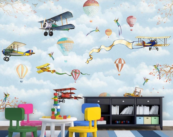 Hot Air Baloon Plane Nursery and Child Room Wallpaper  Wall Mural Child Room Decoration for Boys (CR51)