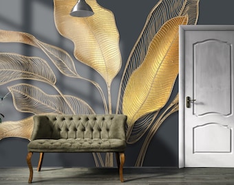 Modern Art Gold Leaf  Wallpaper Floral Wall Mural Modern Home Decor For Living Room Bedroom Entryway Cafe, Abstract Gold Nature Wall Mural